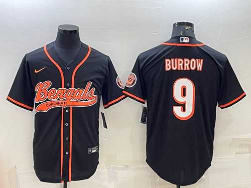 Men%27s Cincinnati Bengals #9 Joe Burrow Black With Patch Cool Base Stitched Baseball Jersey